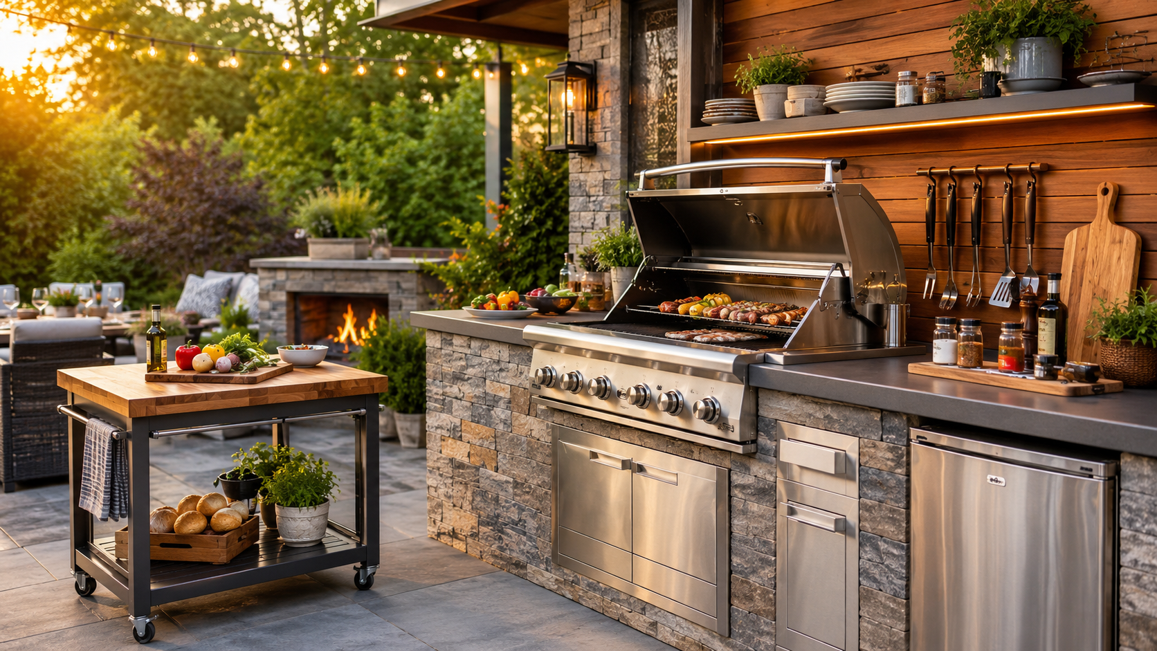 Outdoor cooking setup with grill, BBQ tools, smoker, and backyard cooking gear