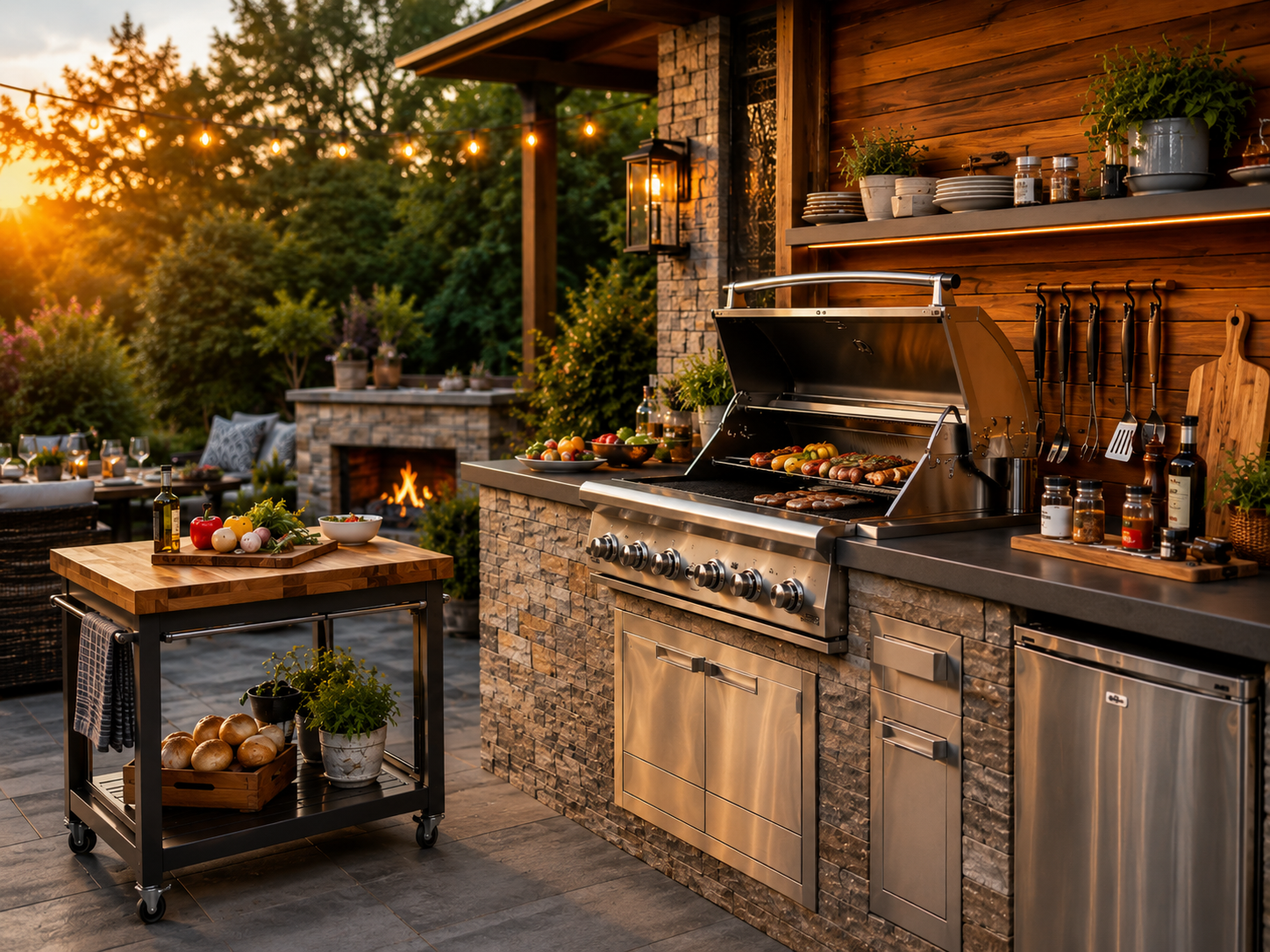 Outdoor cooking setup with grill, BBQ tools, smoker, and backyard cooking gear